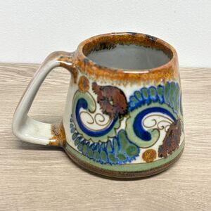 Vintage Tonala Mexico Hand Painted Studio Pottery Mug Signed Mexican Folk Art